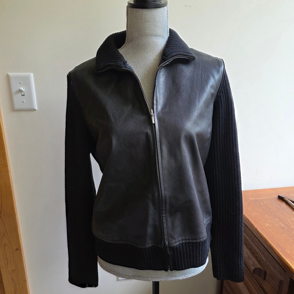 Banana Republic Womens Large Black Leather Ribbed Knit Mixed Media Zip Jacket